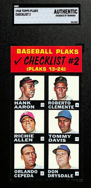 RARE Test Issues 1968 Topps Plaks Checklist #2 w. Aaron, Clemente, Mays, Rose, + Graded SGC Authentic 
