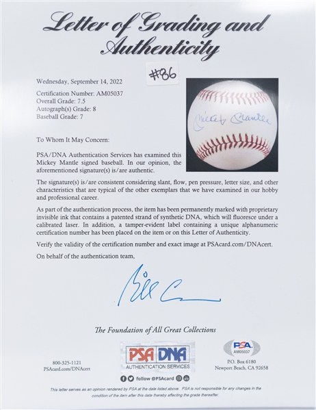 Mickey Mantle Signed Official NL Baseball - PSA/DNA COA & Graded 7.5 (Auto Grade 8, Baseball Grade 7)