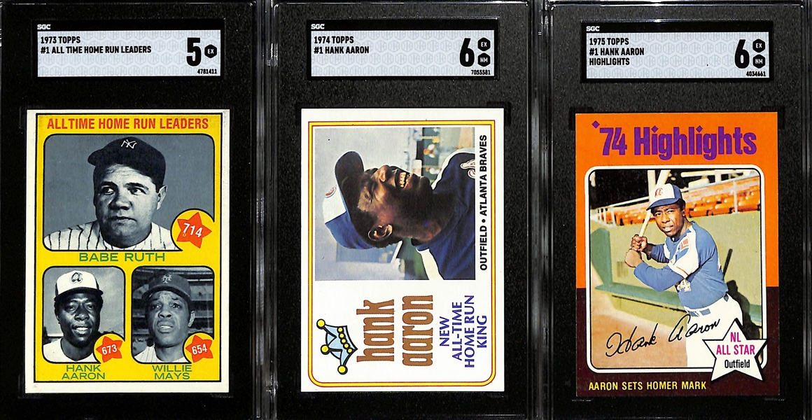 Graded #1 Cards from 1973, 1974, & 1975 Topps (SGC 5, SGC 6, SGC 6, Respectively) w. Babe Ruth, Hank Aaron, Willie Mays