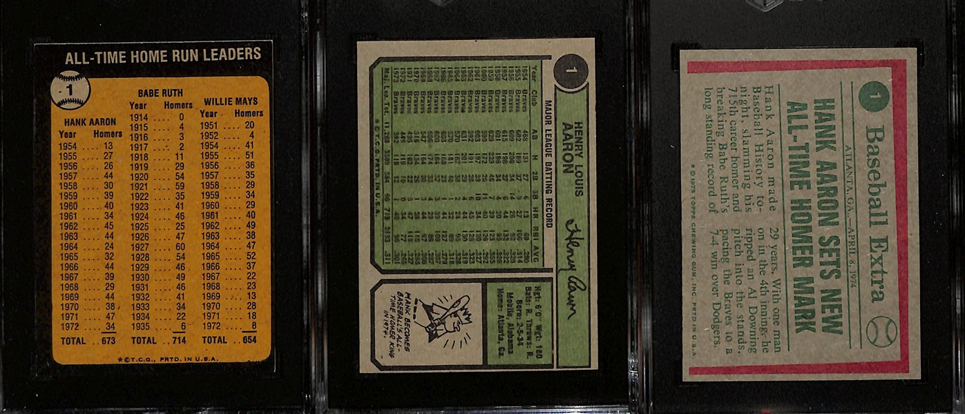 Graded #1 Cards from 1973, 1974, & 1975 Topps (SGC 5, SGC 6, SGC 6, Respectively) w. Babe Ruth, Hank Aaron, Willie Mays