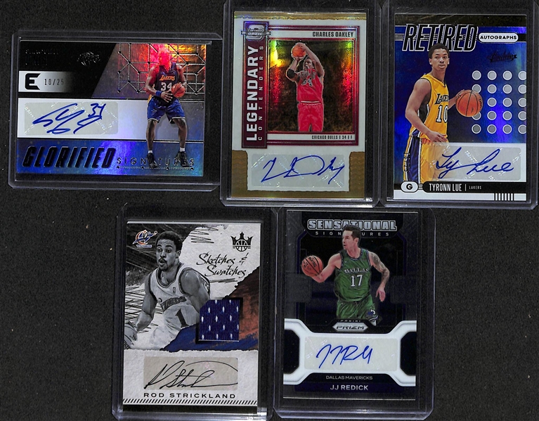 Lot of (5) Autographed Basketball Cards w. 2017-18 Essentials Shaquille O'Neal #d /25, 2020-21 Contenders Optic Charles Oakly Gold #d /10