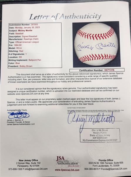 High Quality Mickey Mantle Official American League Baseball (Full JSA Letter)