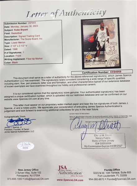 1996-97 Score Board Kobe Bryant Autographed Rookie Card (JSA Letter of Authenticity)