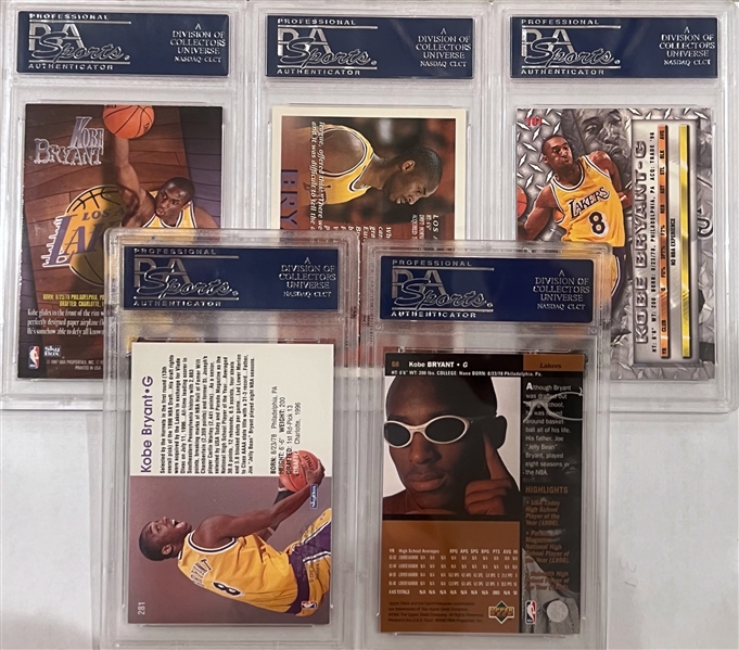 Lot of (5) 1996 Kobe Bryant Rookie Cards -  Topps/Fleer Metal/Upper Deck/Hoops/Skybox - All PSA 8