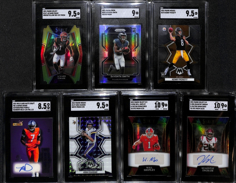 Lot of (7) SGC Graded Football Cards w. 2021 Select Ja'Marr Chase Green/Yellow Die Cut RC SGC 9.5, 2021 Prizm Devonta Smith Silver SGC 9, and More