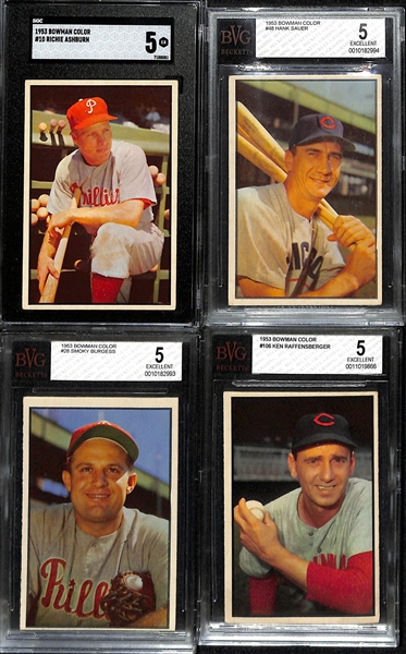 (12) 1953 Bowman Color Cards (All Graded VG-EX) w. Ashburn, Sauer, Burgess, Raffensberger, Surkont, Lockman, Ryan, Kryhoski, Dressen, Shuba, Brideweser