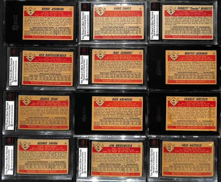 (12) 1953 Bowman Color Cards (All Graded VG-EX) w. Ashburn, Sauer, Burgess, Raffensberger, Surkont, Lockman, Ryan, Kryhoski, Dressen, Shuba, Brideweser