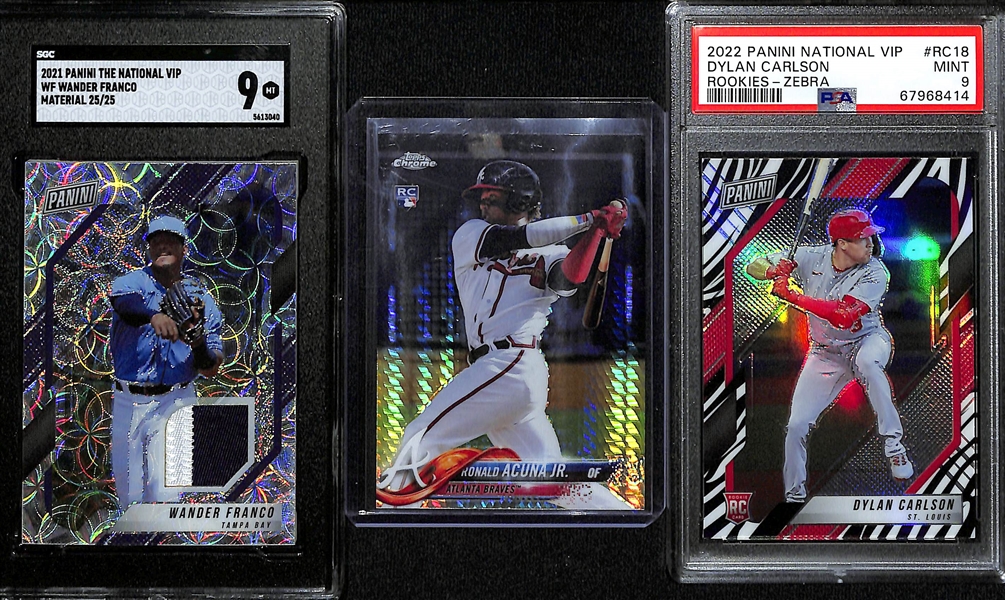 Lot of (9) Baseball Rookies and Stars Lot w. Wander Franco Patch #d /25 Graded SGC 9 and Topps Chrome Acuna Jr.  Prism Refractor