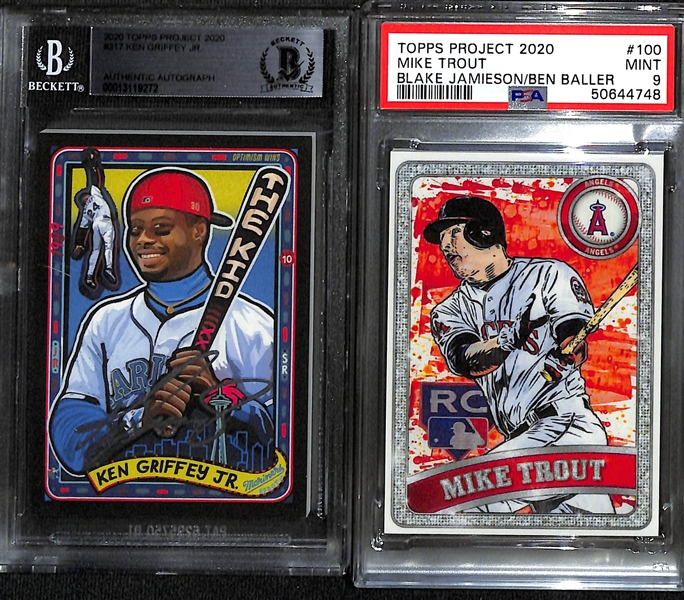 Lot of (2) Topps Project 2020 w. Ken Griffey Jr Autograph Beckett Certified, and Mike Trout PSA 9