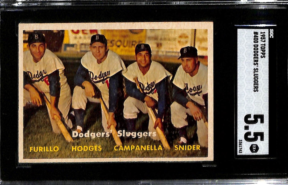 (2) 1957 Topps Dodgers Sluggers Graded Cards (Graded SGC 6 and SGC 5.5) w. Snider, Campanella, Hodges, Furillo