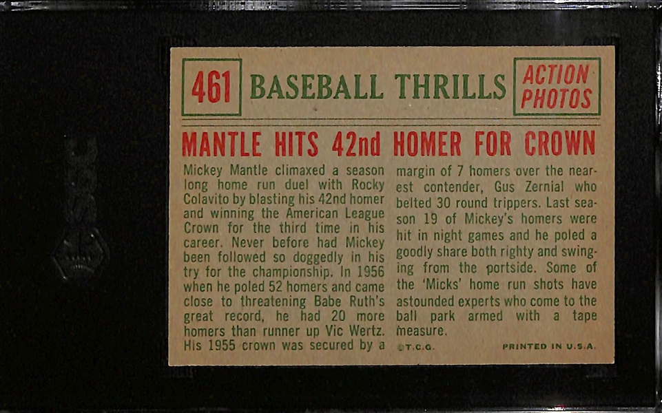 1959 Topps Baseball Thrills Mickey Mantle Hits 42nd Homer for Crown Graded SGC 5.5