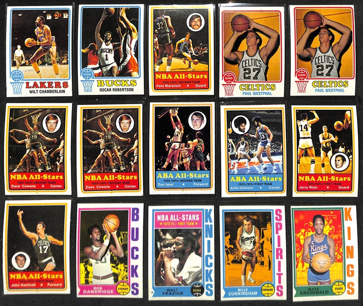 Lot of (250+) 1973-74 Topps Basketball Cards w. Wilt Chamberlain & (30) 1974-75 Topps Basketball w. Dandridge