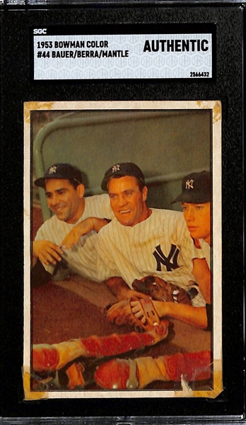1953 Bowman Color #44 Mickey Mantle, Yogi Berra, Hank Bauer Graded SGC Authentic (Tape Residue)