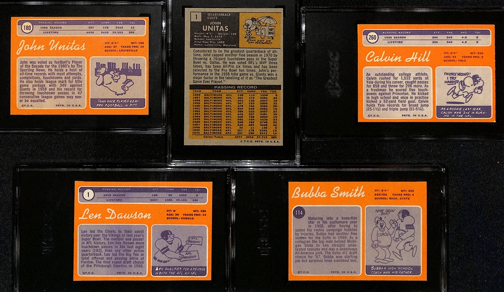 Graded Football Card Lot w. 1970 Unitas (SGC 6), 1971 Unitas (SGC 7), 1970 Hill (6), 1970 Dawson (SGC 6), B. Smith (SGC 6.5)
