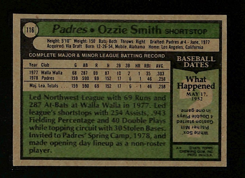 1979 Topps Ozzie Smith #116 Rookie Card Graded SGC 7.5
