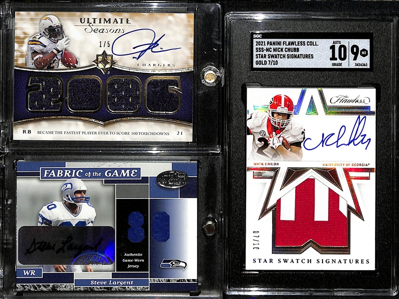 Lot of (3) Autographed Football Cards w. Ladanian Tomlinson, Steve Largent and Nick Chubb Graded SGC 9 w. 10 Auto