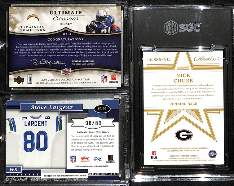 Lot of (3) Autographed Football Cards w. Ladanian Tomlinson, Steve Largent and Nick Chubb Graded SGC 9 w. 10 Auto