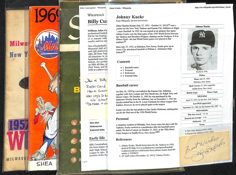 Lot of 1957 & 1969 WS Program, 1956 Sports Illustrated, a Johnny Kucks Signed Business Card, More - JSA Auction Letter