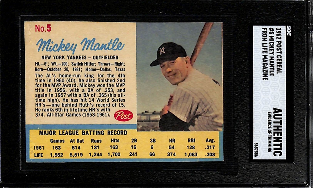 1962 Post Cereal Mickey Mantle #5 (From Life Magazine) Graded SGC Authentic