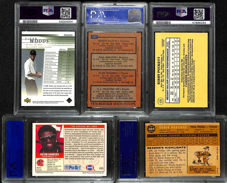 Lot of (5) PSA Graded Mixed Sports Mostly Rookie Lot w. Tiger Woods, Paul Molitor, Kirby Puckett and Others
