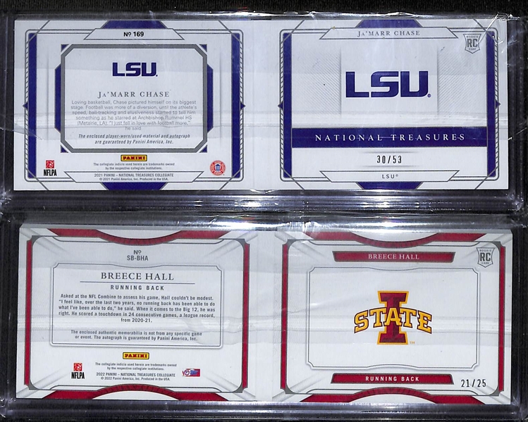 Lot of (8) 2021 & 2022 National Treasures Collegiate Football RC Booklets w. Ja'Marr Chase #d /53, Breece Hall #d /25 and Others