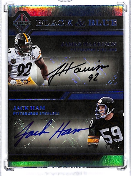 2018 Majestic Football Black & Blue James Harrison and Jack Ham 1/1 Dual Autographed Card