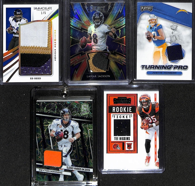 Lot of (10) Football Patch Cards w. Immaculate Ed Reed #d 1/5, Lamar Jackson #d 15/25, Justin Herbert Playoff Rookie, and Many Others!