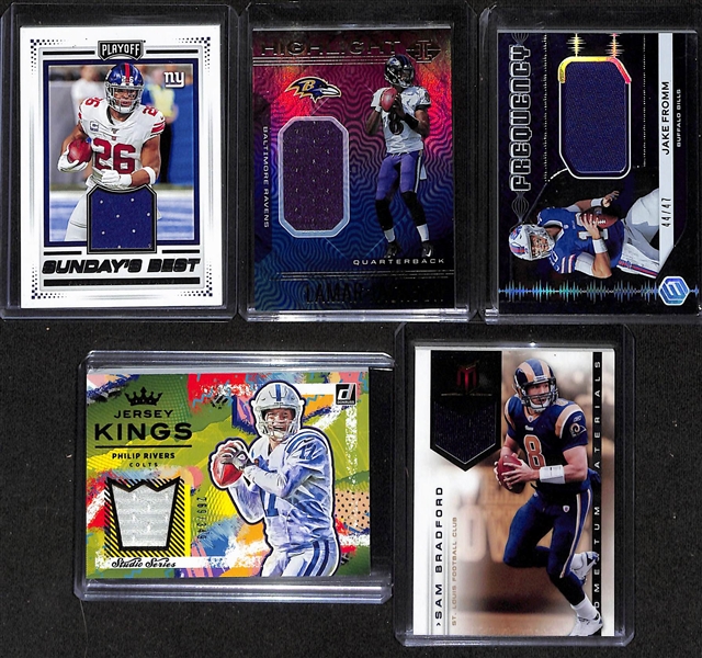 Lot of (10) Football Patch Cards w. Immaculate Ed Reed #d 1/5, Lamar Jackson #d 15/25, Justin Herbert Playoff Rookie, and Many Others!