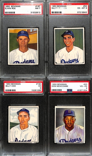 1950 Bowman Dodgers Graded Lot (Preacher Roe PSA 7, Ralph Branca PSA 6, Billy Cox PSA 5, Don Newcombe Rookie PSA 4)