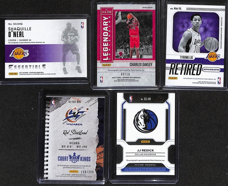 Lot of (5) Autographed Basketball Cards w. 2017-18 Essentials Shaquille O'Neal #d /25, 2020-21 Contenders Optic Charles Oakly Gold #d /10