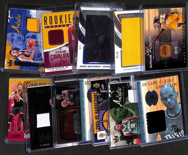 Lot of (12) Basketball Relic Cards w. 2002-03 Kobe Bryant Game Floor, 2022 Immaculate Collegiate Keegan Murray #d 1/10, and More