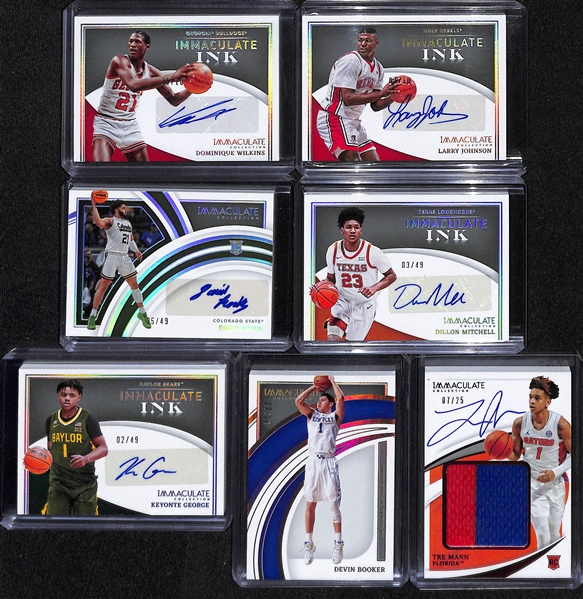 Lot of (7) Mostly 2022 Immaculate Collegiate Basketball w. Dominique Wilkins Auto /10 and Larry Johnson Auto /10