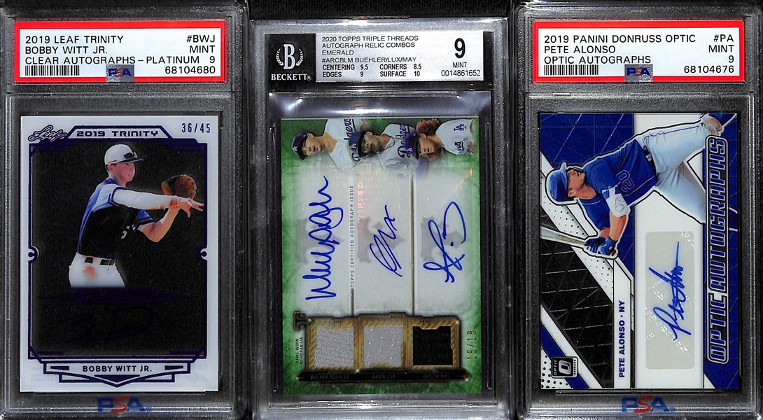 Lot of (3) Graded Baseball Card Lot w. 2019 Leaf Trinity Bobby Witt Jr. Auto #d /45 PSA 9, 2020 Topps Triple Threads Auto Relic Combo Buehler/Lux/May #d /18 BGS 9, and More