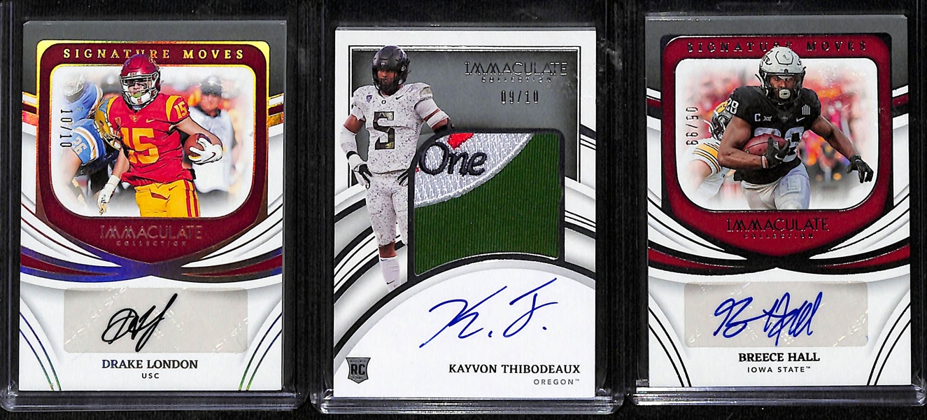 Lot of (3) 2022 Immaculate Collegiate Football w. Drake London Auto #d /10, Kayvon Thibodeaux Patch Auto #d /10
