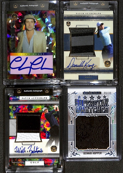 Lot of (4) Mostly Autographed Cards w. Super Glow Chevy Chase 1/1, Will Zalatoris Patch Auto, Danielle Kang Patch Auto, and Dennis Hopper Superstar Swatch