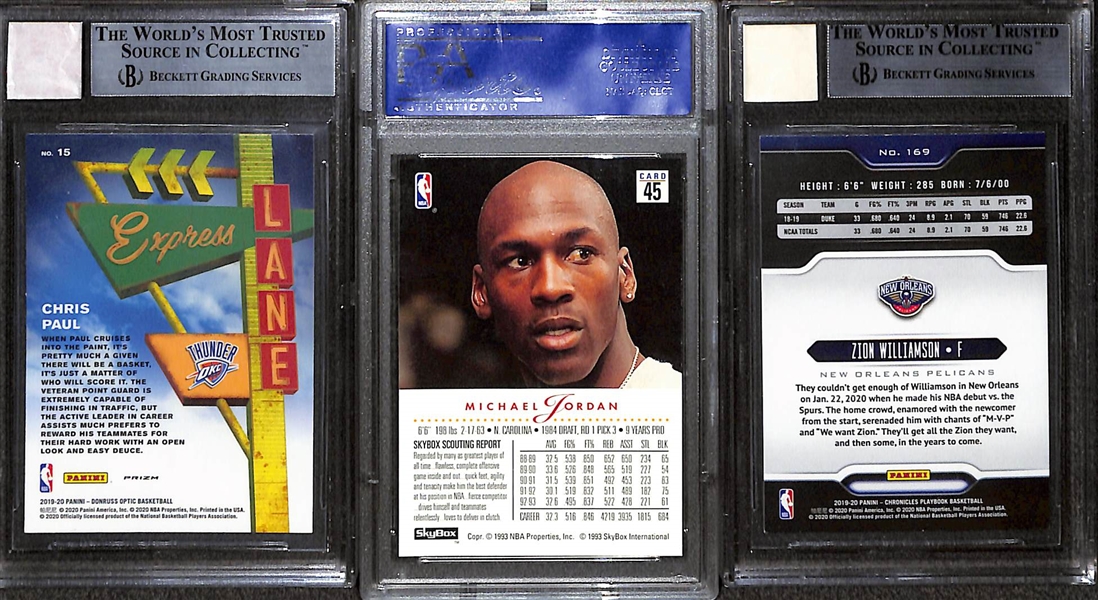 1993 Skybox Premium Michael Jordan PSA 10, 2019-20 Chronicles Playbook Zion RC w. Patch, and 2019-20 Optic Chris Paul w. Game Used Jersey Patch