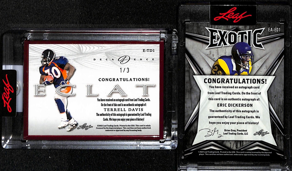 2022 Leaf Decadence Terrell Davis Autograph #d 1/3 and 2022 Leaf Exotic Eric Dickerson Autograph #d 7/8