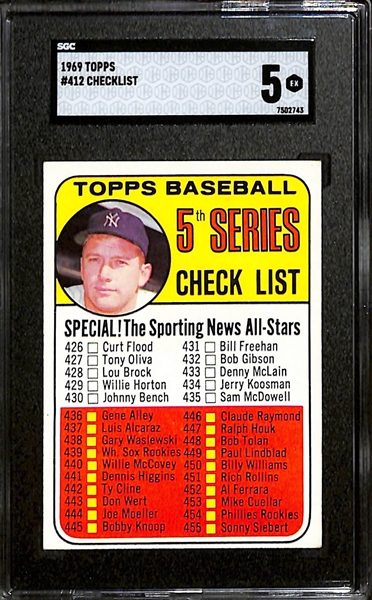 1961 Topps # 307 1960 World Series Mantle Slams 2 Homers SGC 6 and 1969 Topps # 412 Mickey Mantle 5th Series Checklist SGC 5