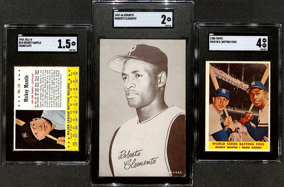 Vintage Baseball SGC Graded Lot w. 1958 Topps Batting Foes Mantle/Aaron, 1947-66 Exhibits Roberto Clemente and 1963 JELL-O Mickey Mantle 