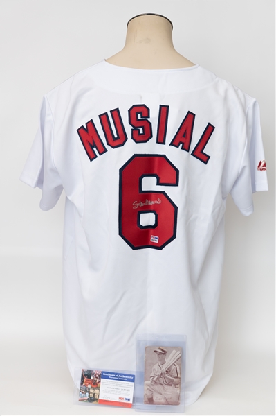 Stan Musial Autographed Majestic Cardinals Jersey (PSA/DNA Cert) and Stan Musial Exhibit Card