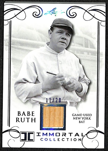 2017 Leaf Immortal Collection Babe Ruth Card w. Ruth Game-Used Bat Relic #ed 11/20