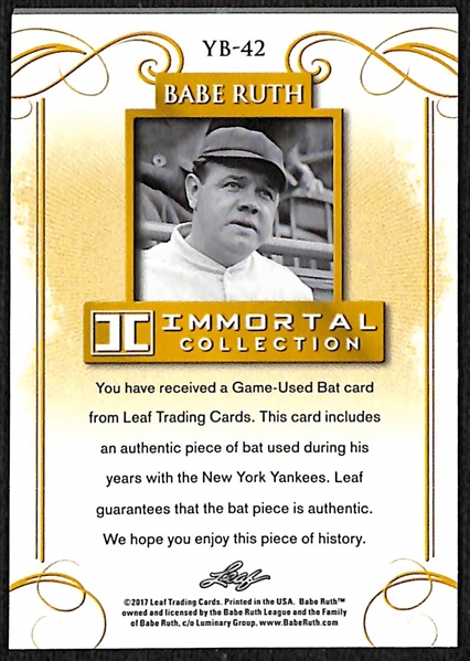 2017 Leaf Immortal Collection Babe Ruth Card w. Ruth Game-Used Bat Relic #ed 11/20