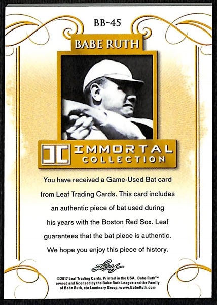 2017 Leaf Immortal Collection Babe Ruth Card w. Ruth Game-Used Bat Relic #ed 6/10