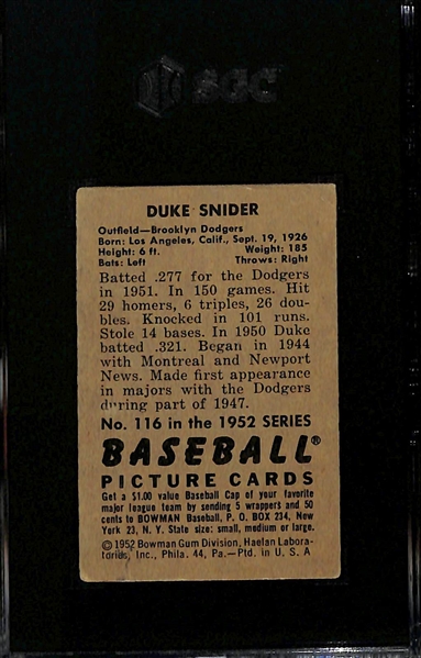 1952 Bowman Duke Snider #116 Graded SGC 3