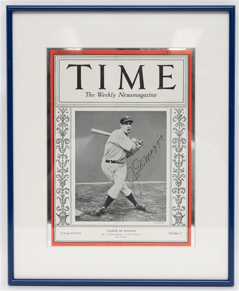 Framed and Matted 1936 Time Magazine Cover Signed by Joe DiMaggio (Full JSA LOA) - 15x12 Framed