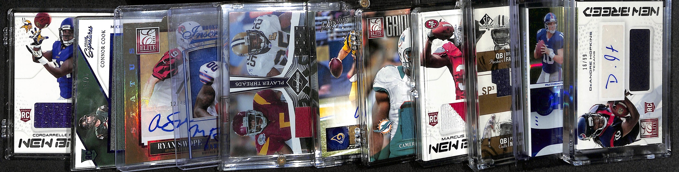 Lot of (12) Football Autograph or Insert Cards w. 2013 Elite DeAndre Hopkins Auto Patch RC #d /99, Manning/Warner/Favre GU Triple Patch #d /10, and More
