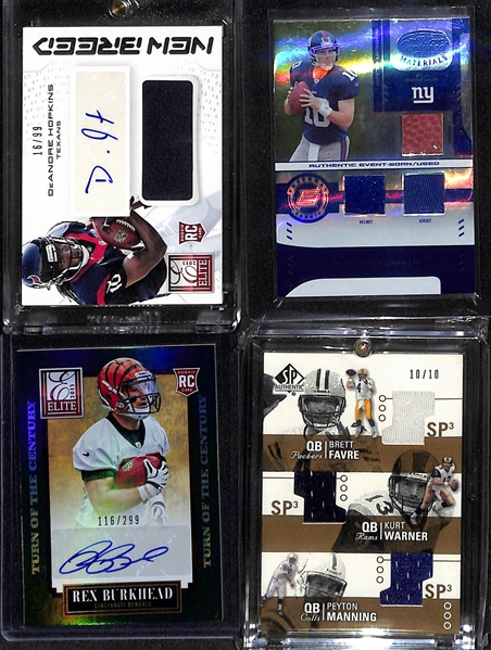 Lot of (12) Football Autograph or Insert Cards w. 2013 Elite DeAndre Hopkins Auto Patch RC #d /99, Manning/Warner/Favre GU Triple Patch #d /10, and More
