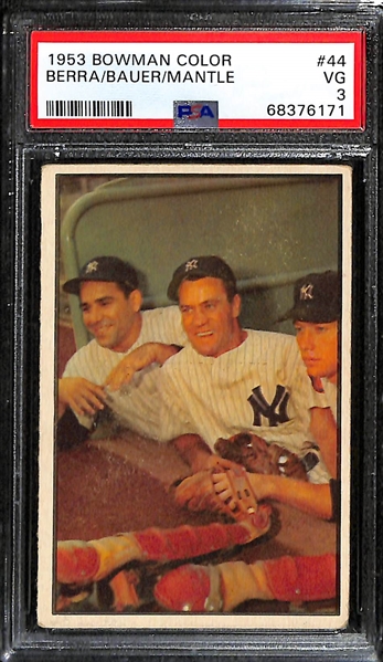 1953 Bowman Color Mickey Mantle, Yogi Berra, Hank Bauer #44 Graded PSA 3
