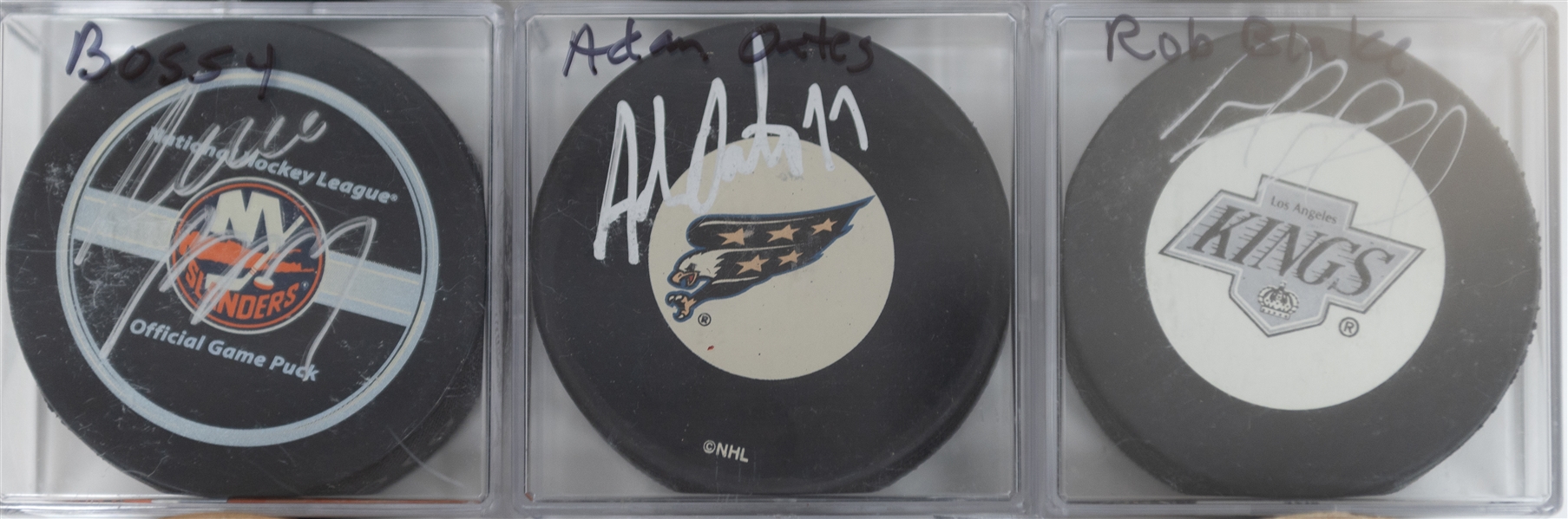 Lot of 9 Signed Hockey Pucks (Mike Bossy, Ray Bourque, Adam Oates, Rob Blake, Mike Knuble, +4) - JSA Auction Letter