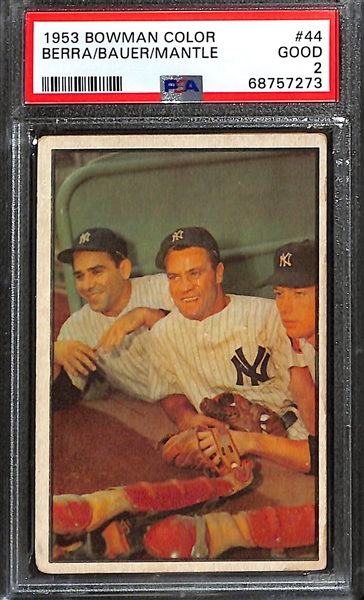 1953 Bowman Color Mickey Mantle, Yogi Berra, Hank Bauer #44 Graded PSA 2